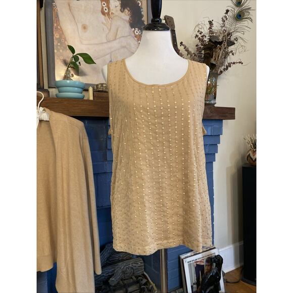 Chicos Size 2 US L 12/14 Tank Open Cardigan Sweater Set Camel Beige Sequin 2pcs - Picture 6 of 16